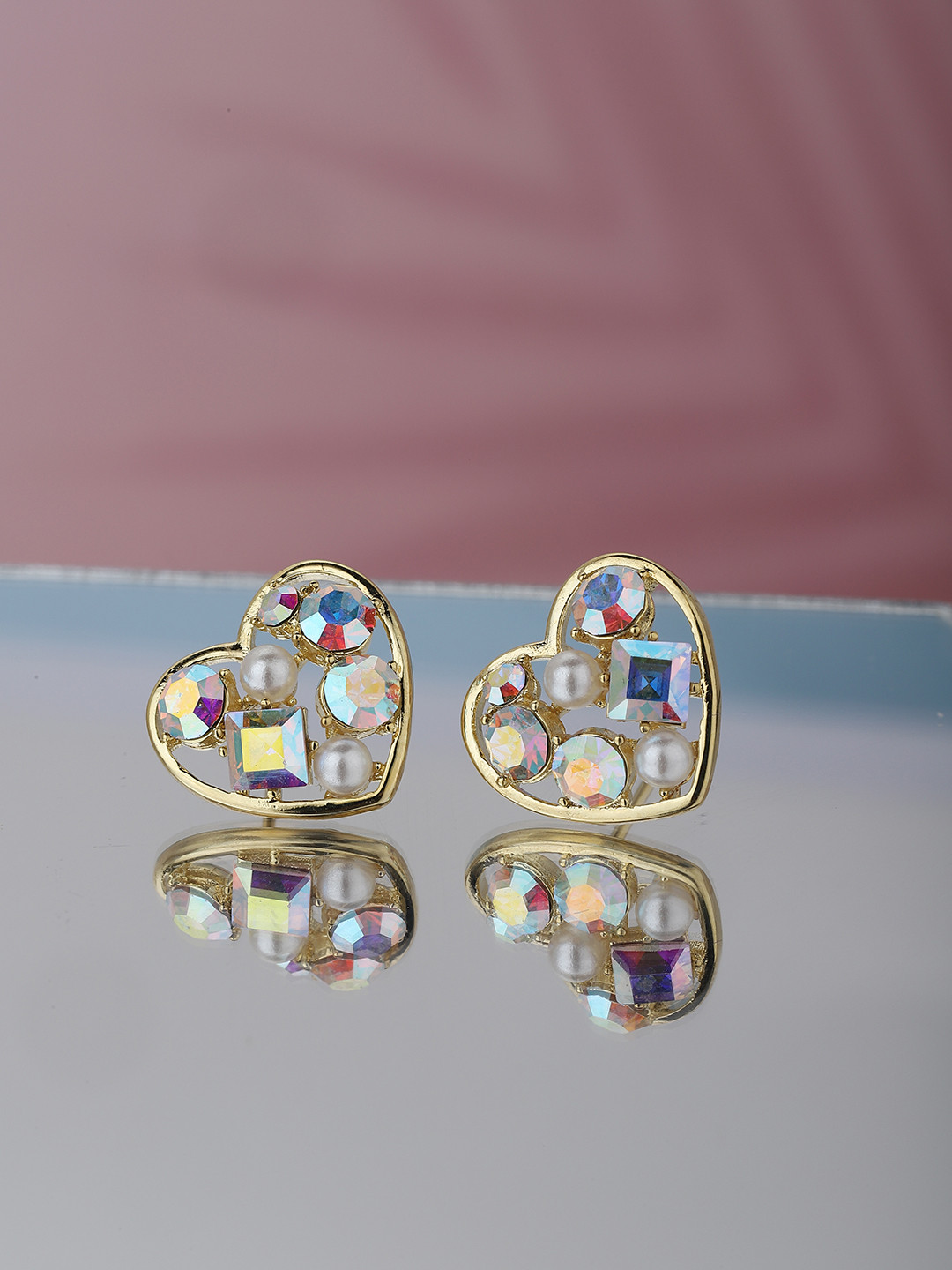

Carlton London Gold-Plated Stone-Studded Heart Shaped Studs