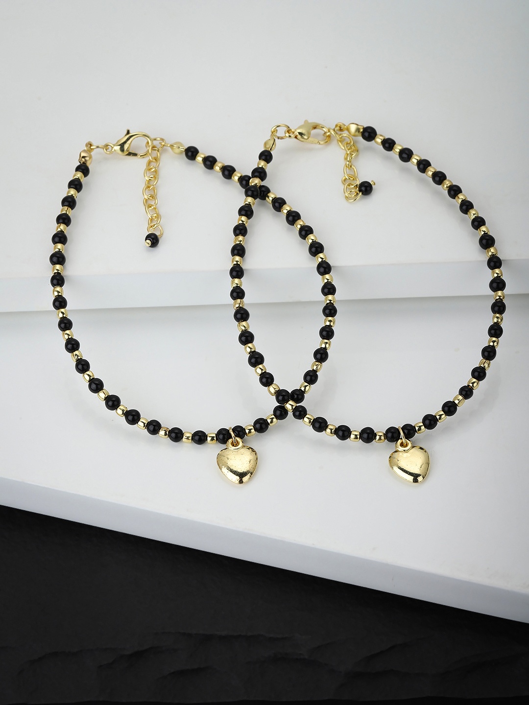 

Carlton London Set of 2 Black & Gold-Toned Beaded Anklets with Heart Charm Detail