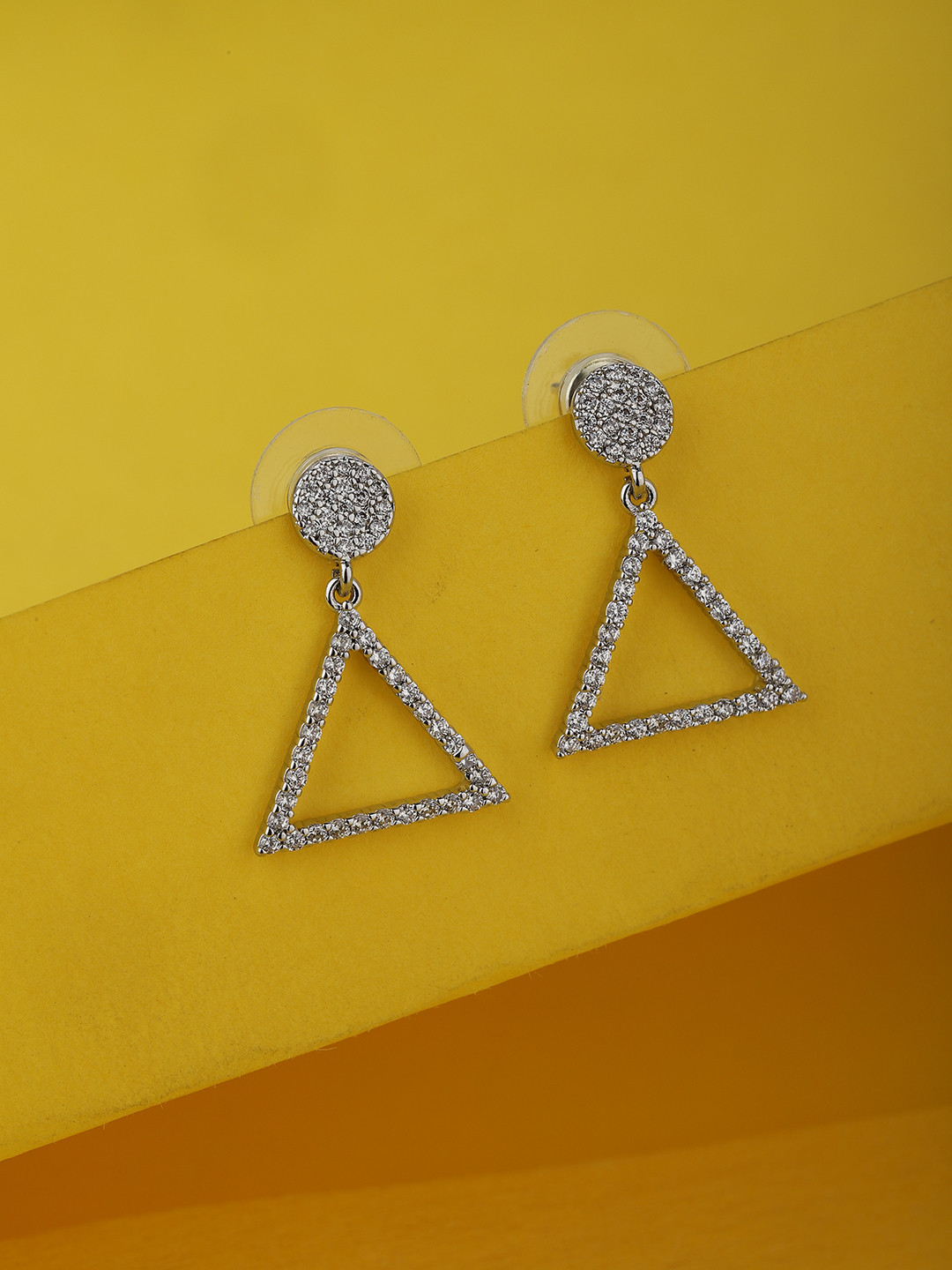 

Carlton London Silver-Toned Rhodium-Plated Stone-Studded Triangular Drop Earrings