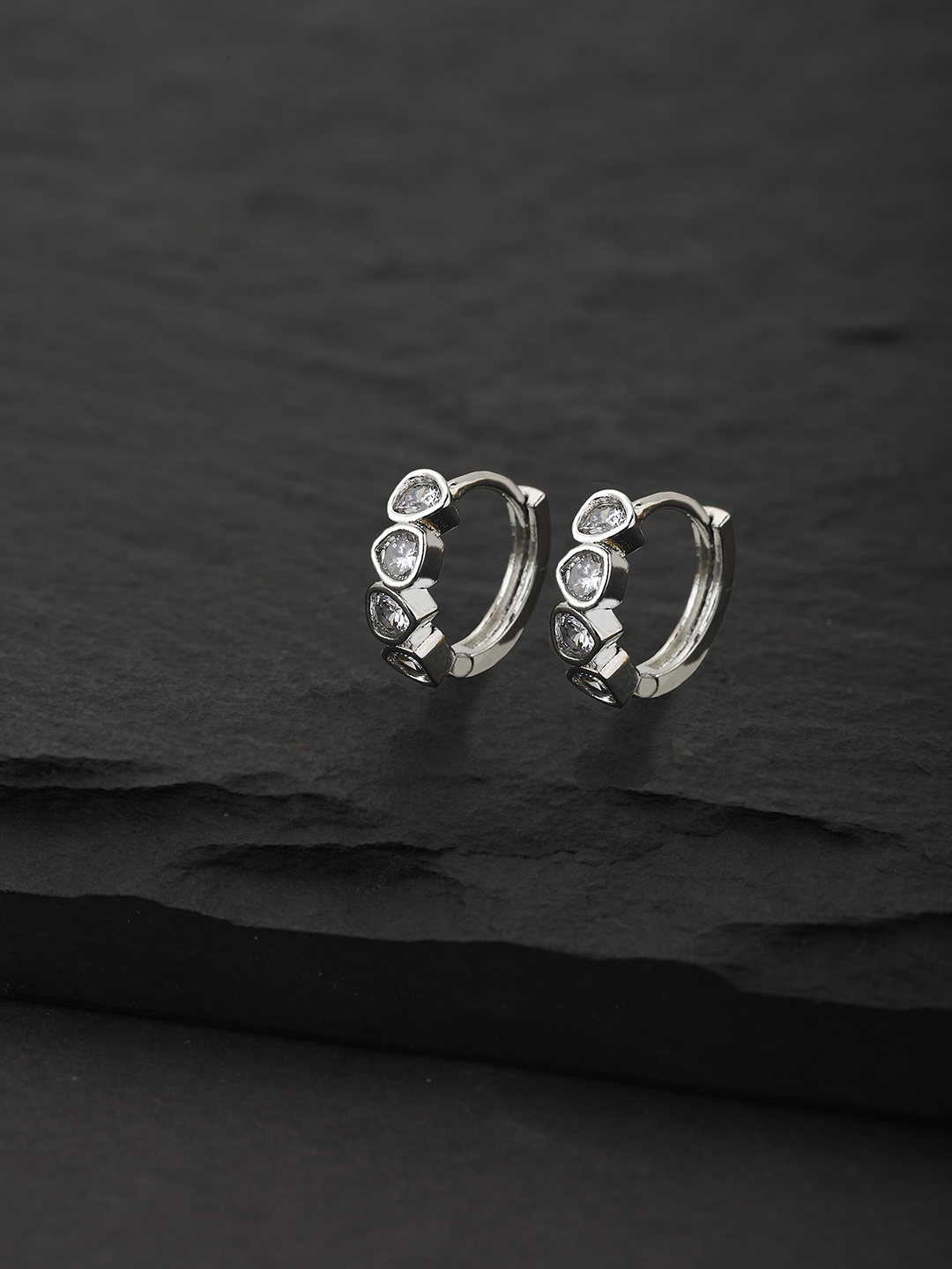 

Carlton London Silver-Toned Rhodium-Plated Stone-Studded Circular Huggie Hoop Earrings