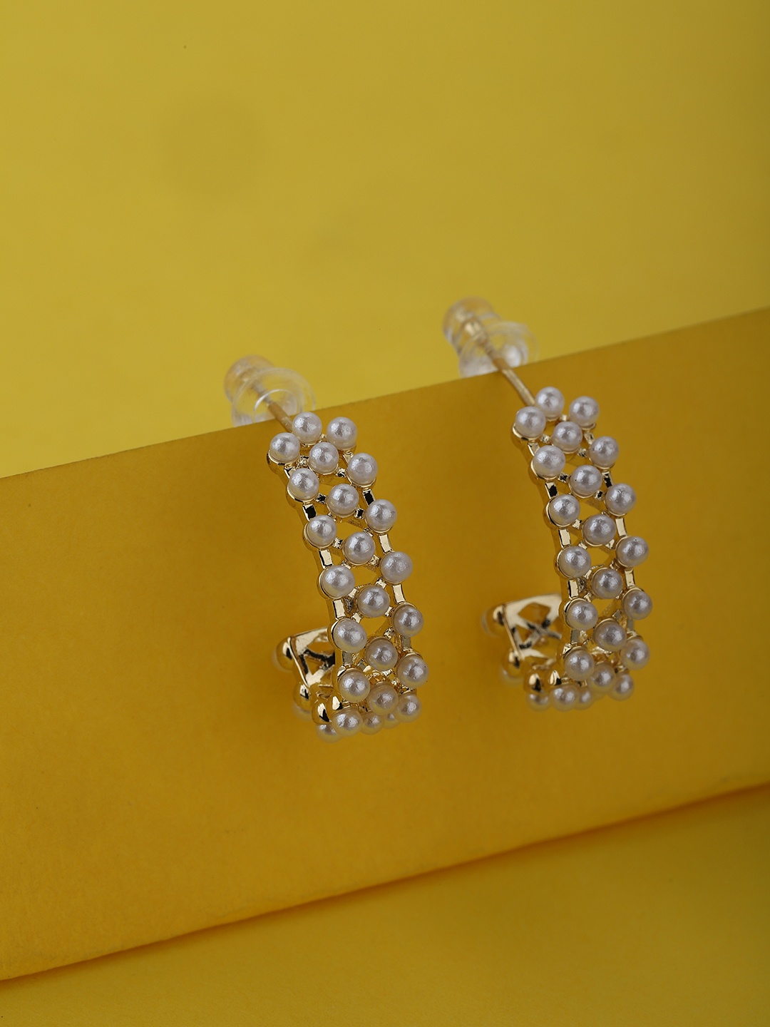 

Carlton London White Gold-Plated Beaded Crescent Shaped Half Hoop Earrings