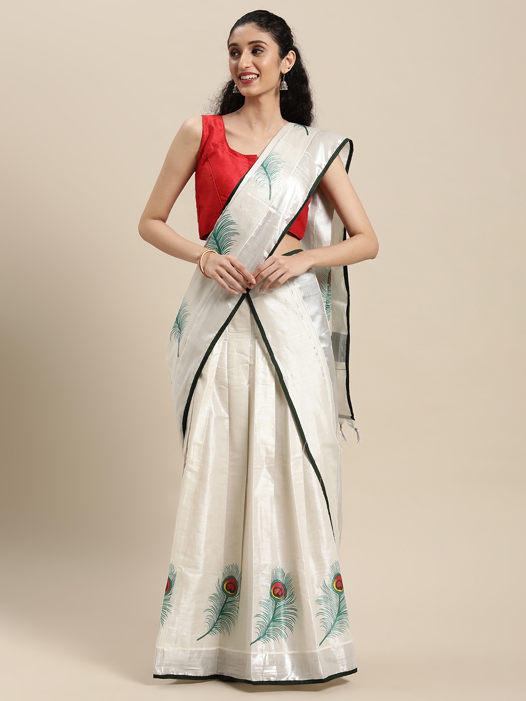 

Thara Sarees Off White Ethnic Motifs Kasavu Lehenga Saree