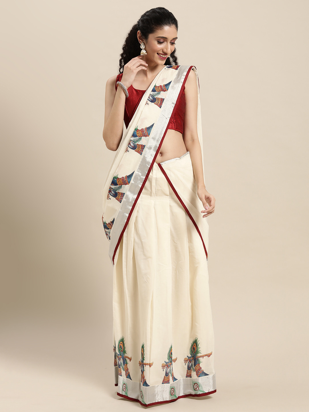 

Thara Sarees Off White Ethnic Motifs Kasavu Lehenga Saree