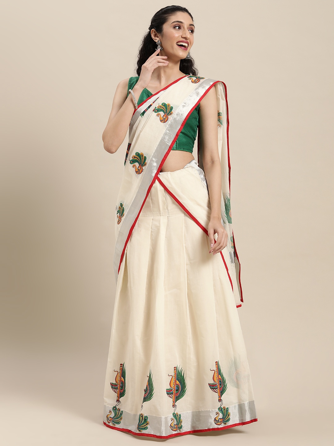 

Thara Sarees Off White Ethnic Motifs Kasavu Lehenga Saree