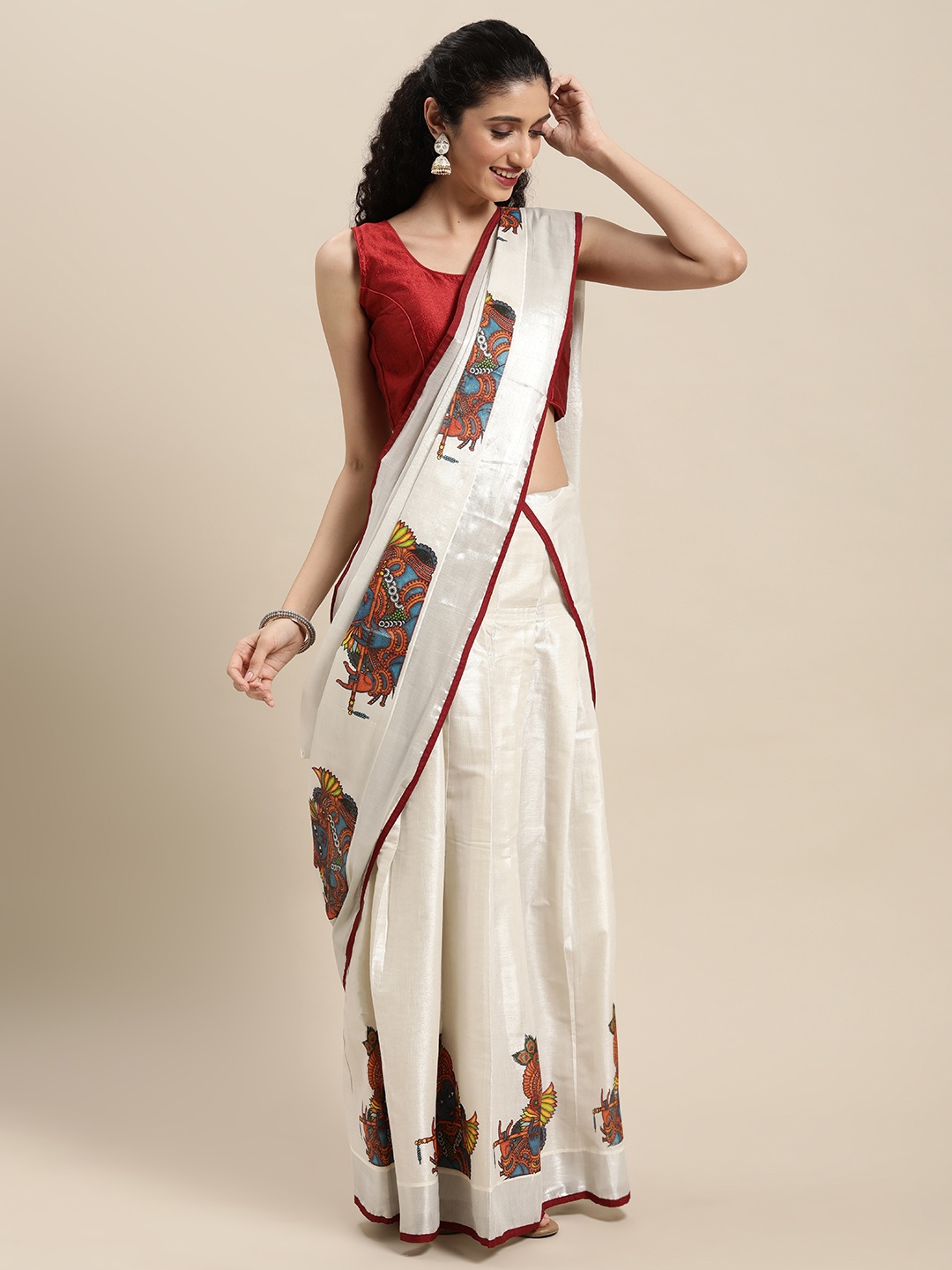 

Thara Sarees Off White Ethnic Motifs Kasavu Lehenga Saree