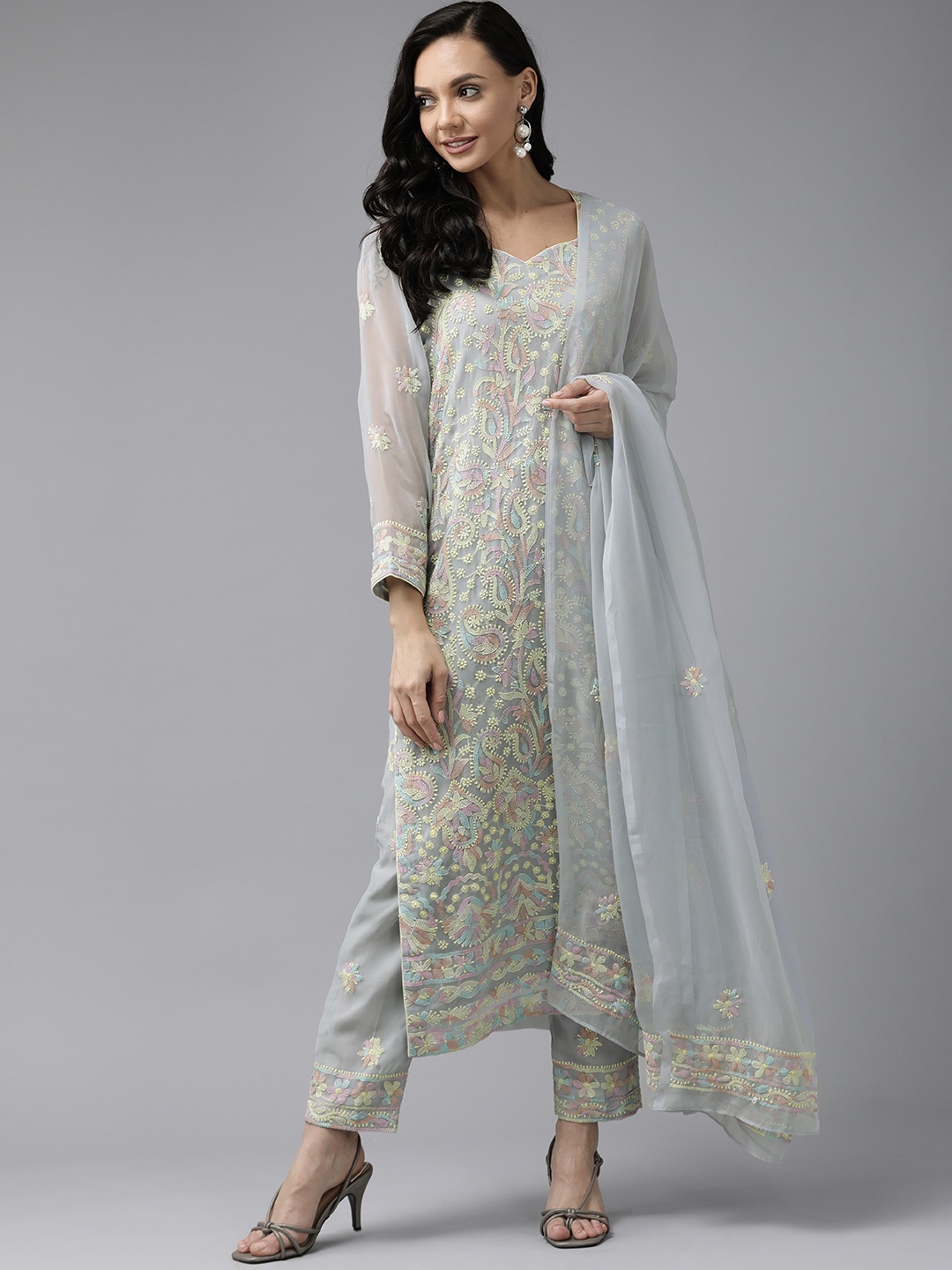 

ADA Sustainable Grey & Yellow Chikankari Hand Embroidered Unstitched Dress Material