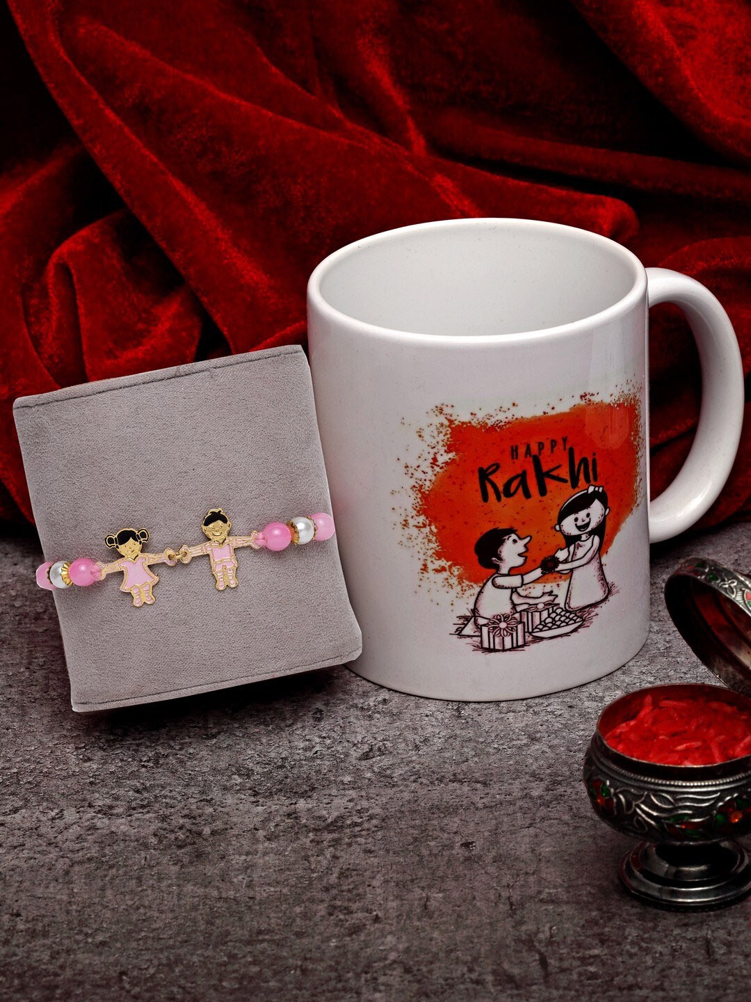 

PANASH Set of 2 Gold-Toned & Pink Rakhi With Happy Rakhi Mug