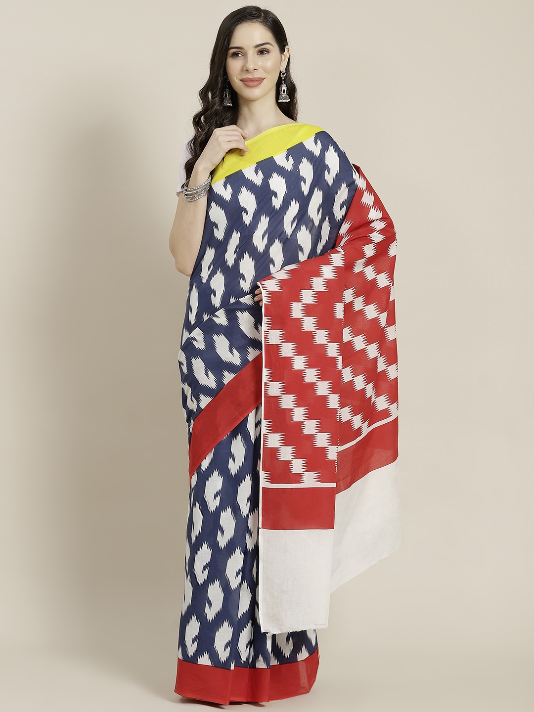 

Libas Navy Blue & White Paisley Printed Pure Cotton Saree