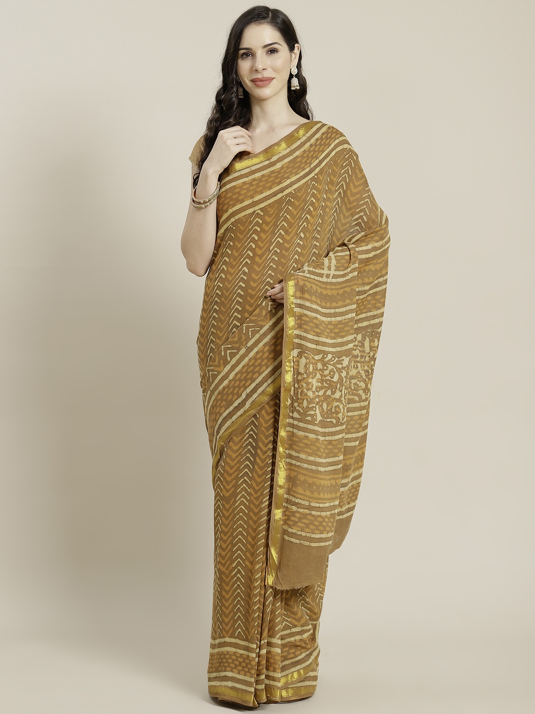 

Libas Beige & Mustard Yellow Printed Pure Cotton Saree