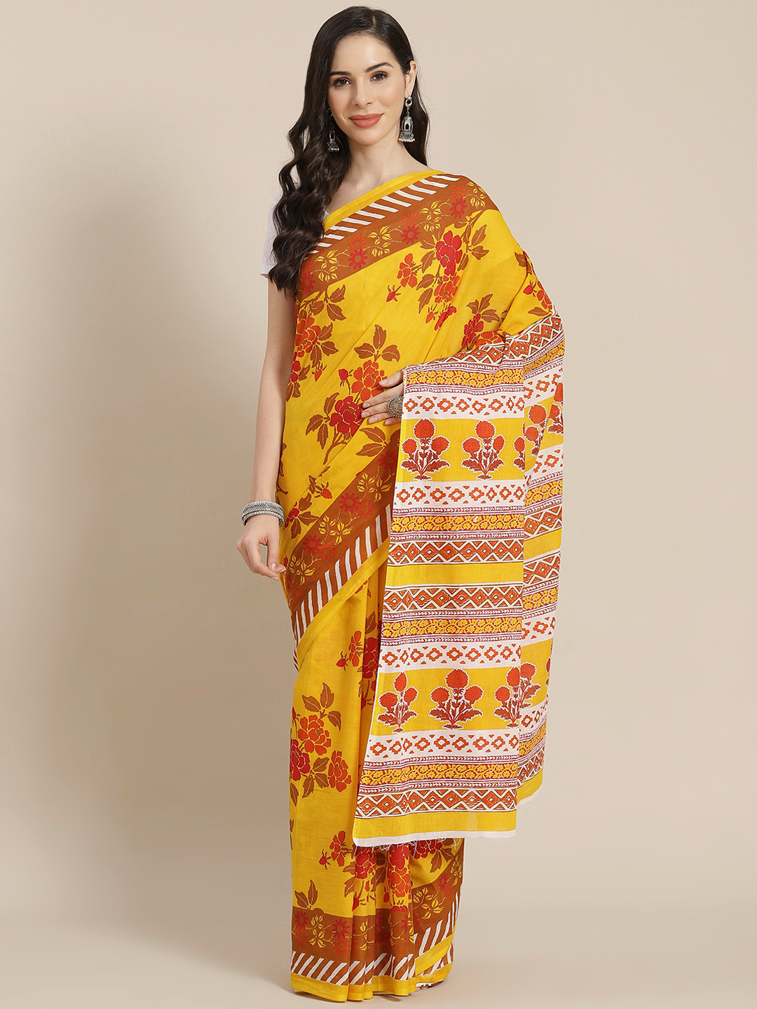 

Libas Yellow & Red Floral Printed Pure Cotton Saree
