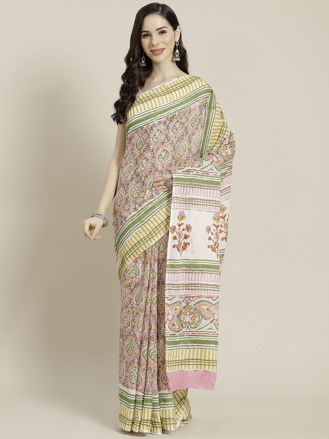 

Libas Pink & Green Ethnic Motifs Pure Cotton Saree