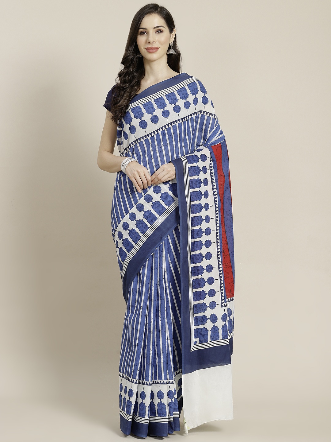

Libas Blue & White Striped Pure Cotton Saree