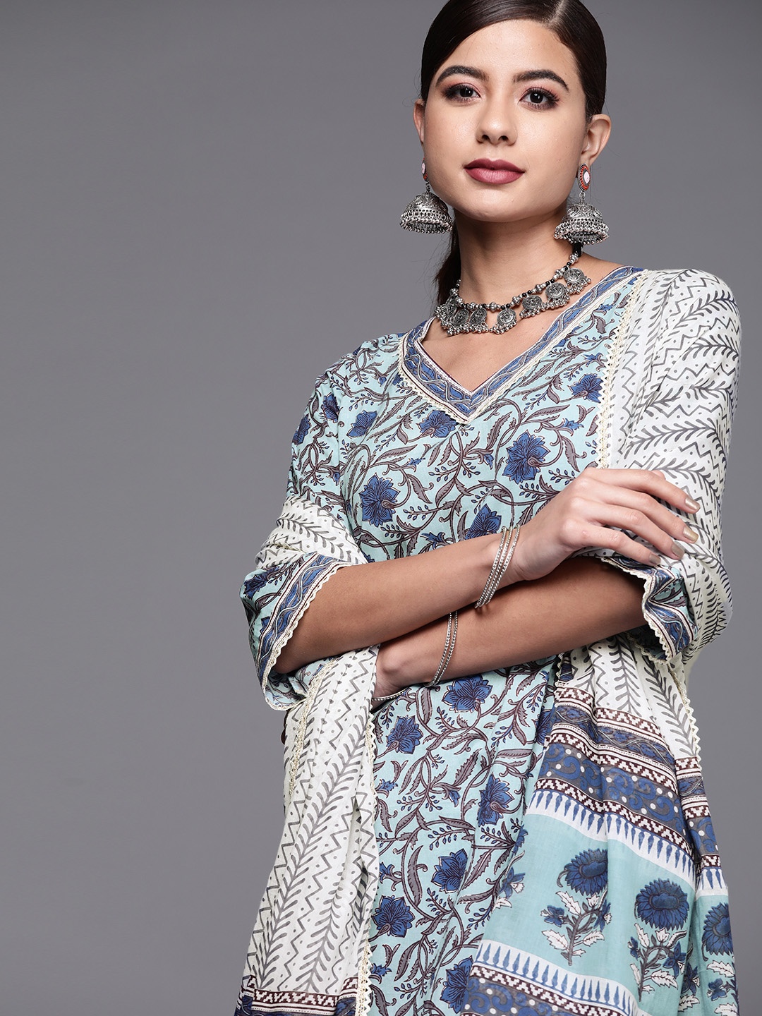 

Libas Women Blue & White Printed Pure Cotton Kurti with Sharara & With Dupatta