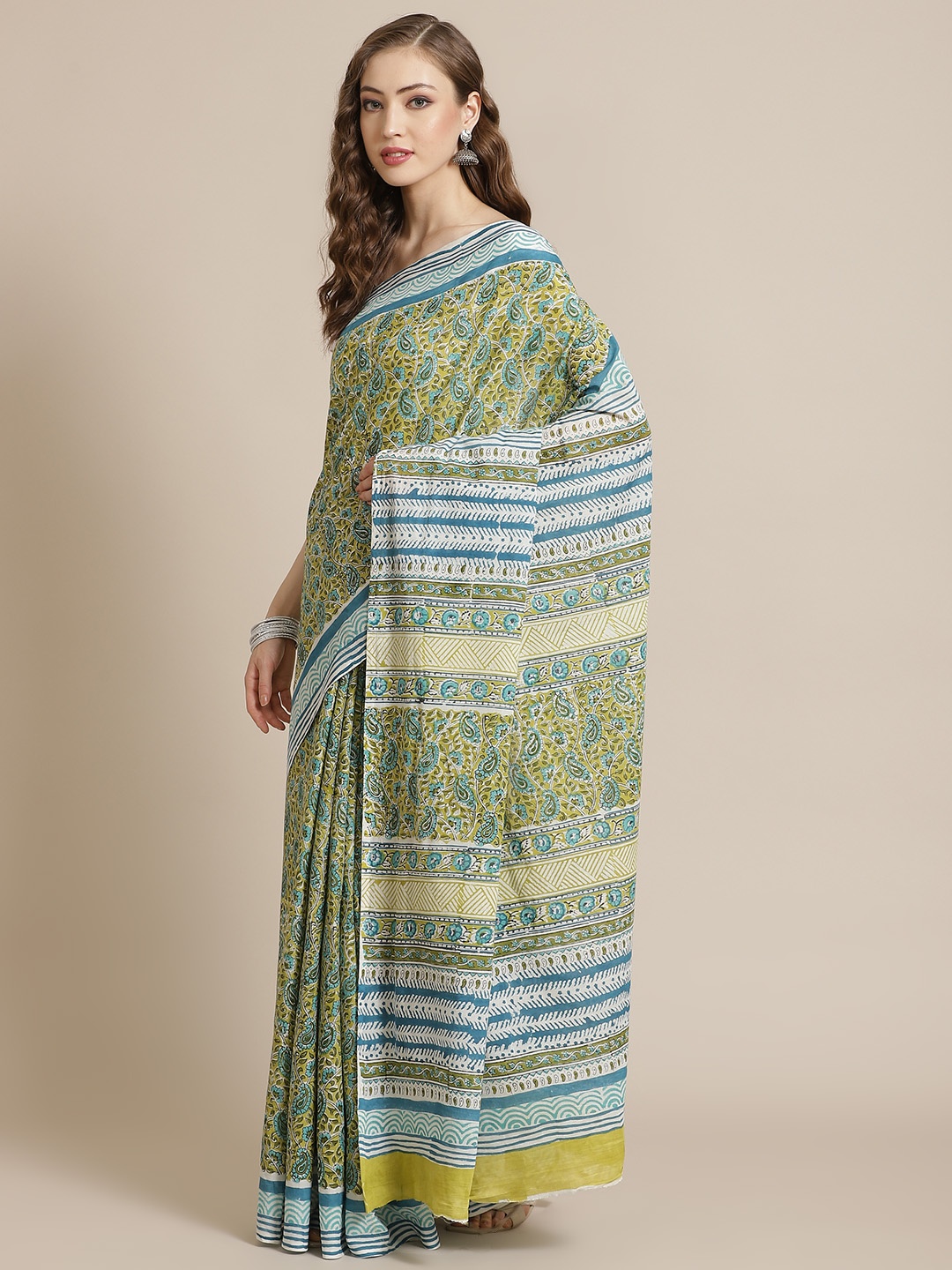 

Libas Green & Blue Paisley Print Pure Cotton Saree, Olive