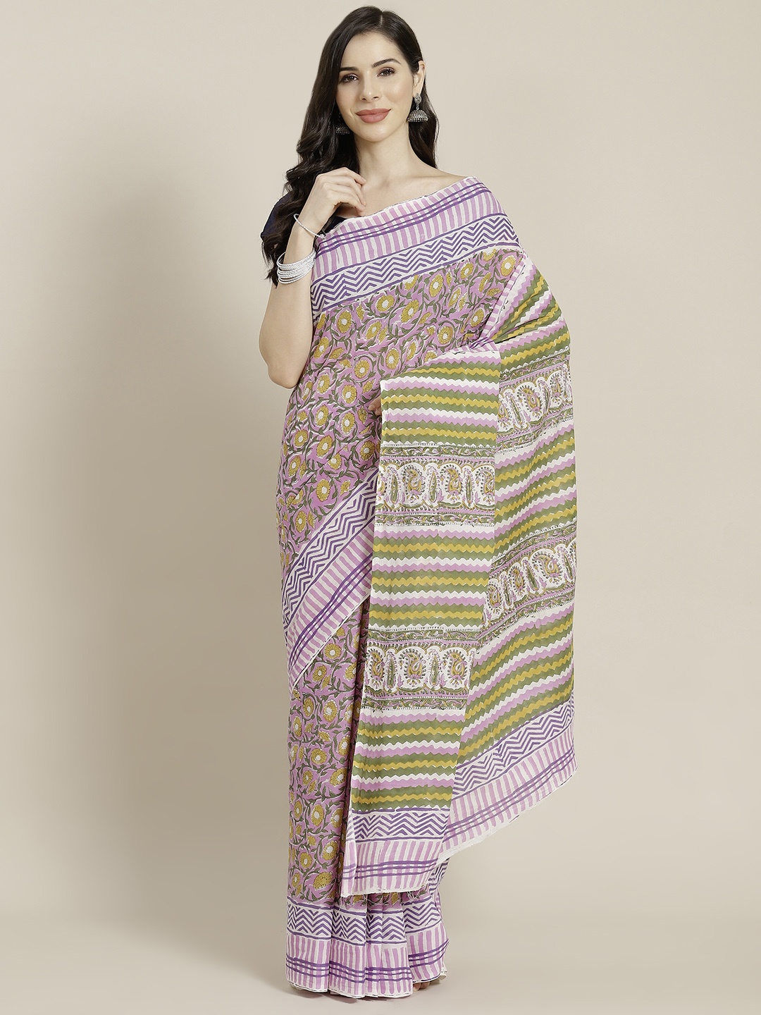 

Libas Pink & Green Ethnic Motifs Pure Cotton Saree
