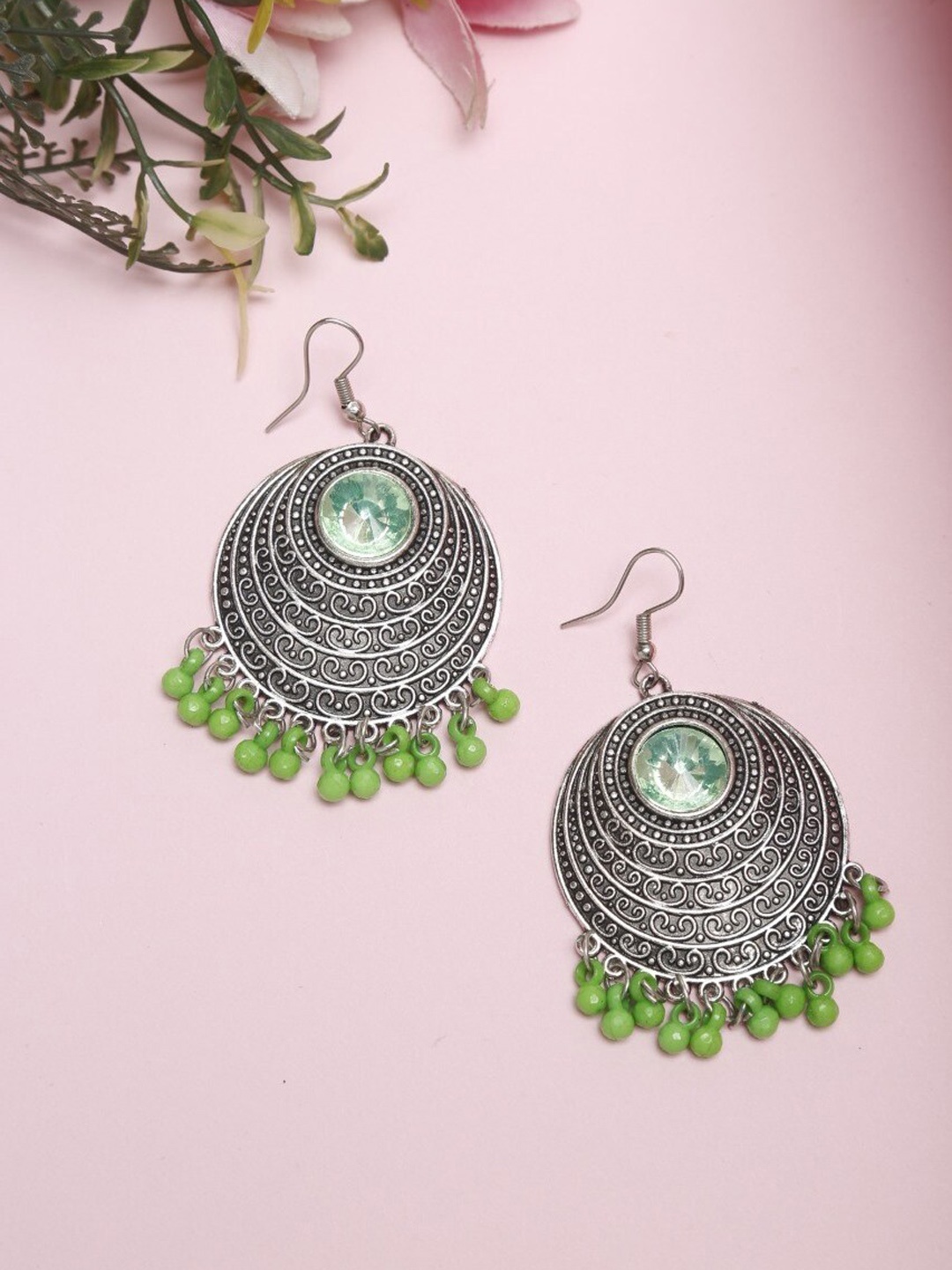 

NEUDIS Silver Plated Green Circular Drop Earrings