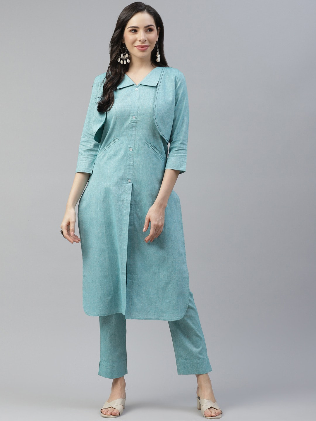 

Cottinfab Women Blue Yoke Design Panelled Pure Cotton Kurti with Trousers