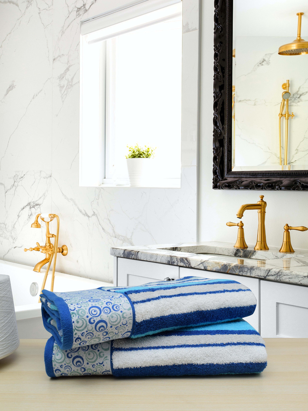 

RANGOLI Set Of 2 Turquoise Blue & White Striped 450 GSM Pure Cotton Bath Towels