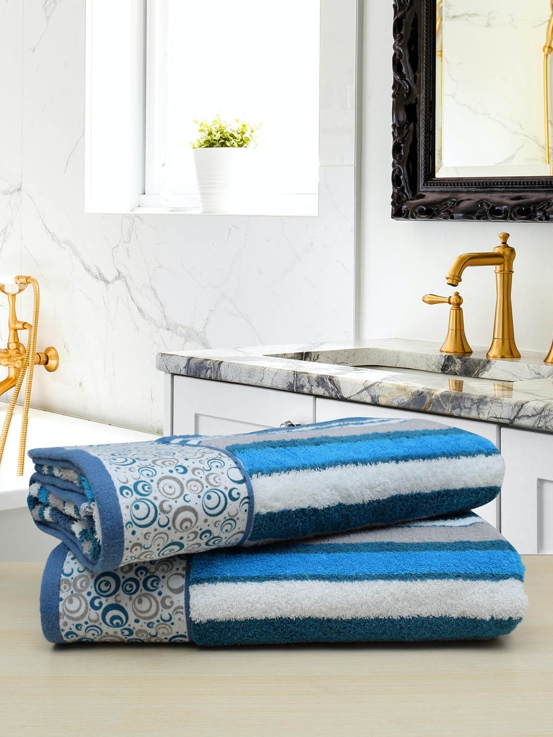 

RANGOLI Set Of 2 Blue & White Striped 480 GSM Pure Cotton Terri Berri Bath Towels