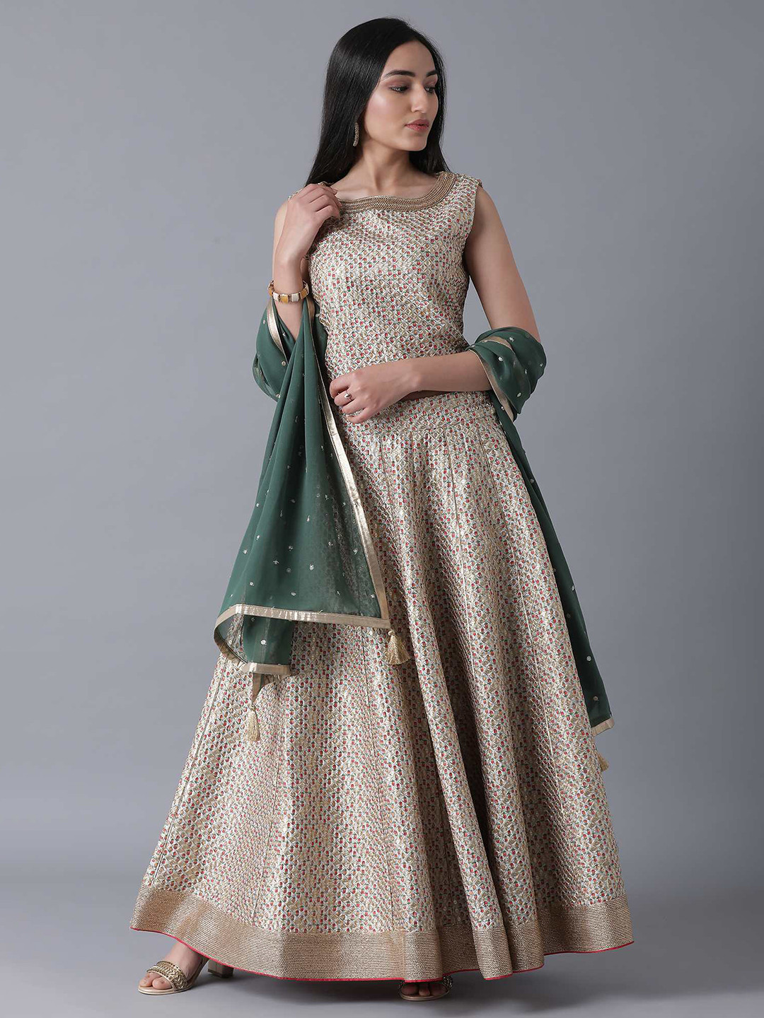 

WISHFUL Golden & Green Ready to Wear Lehenga & Blouse With Dupatta, Gold