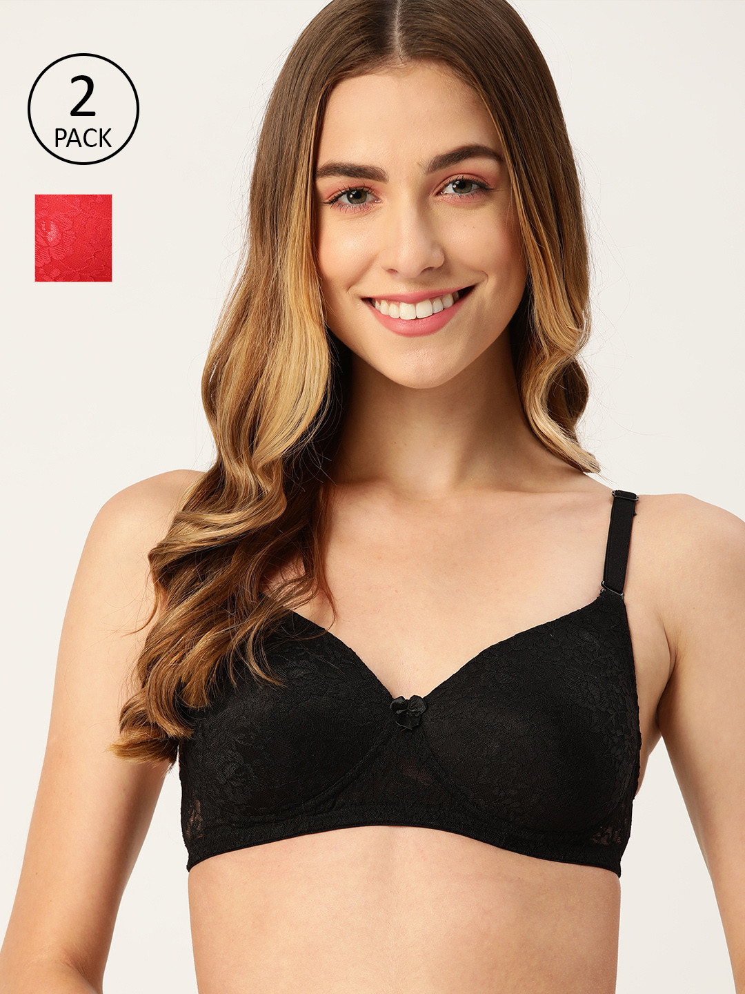 

DressBerry Pack of 2 Floral Lace Lightly Padded T-shirt Bra, Black