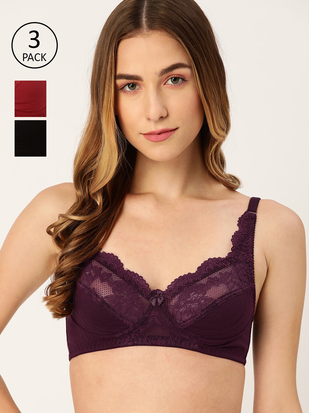 

DressBerry Pack of 3 Floral Lace Everyday Bra, Burgundy