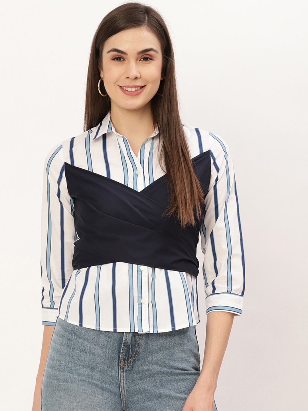 

ELLE Blue Women White And Blue Colourblocked Shirt Style Top