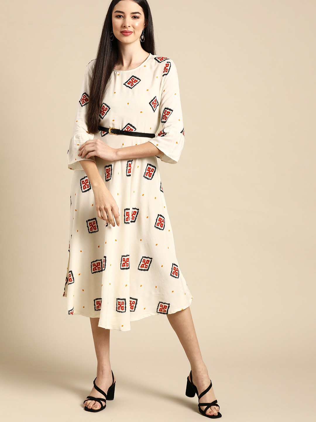 

Anouk Off White & Red Printed A-Line Midi Dress with Belt
