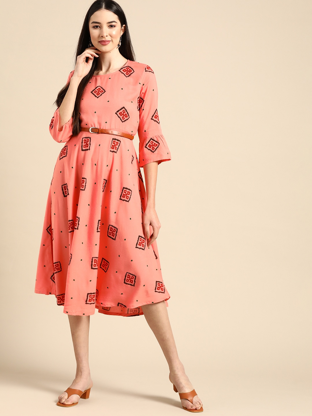 

Anouk Peach-Coloured & Red Printed A-Line Midi Dress with Belt