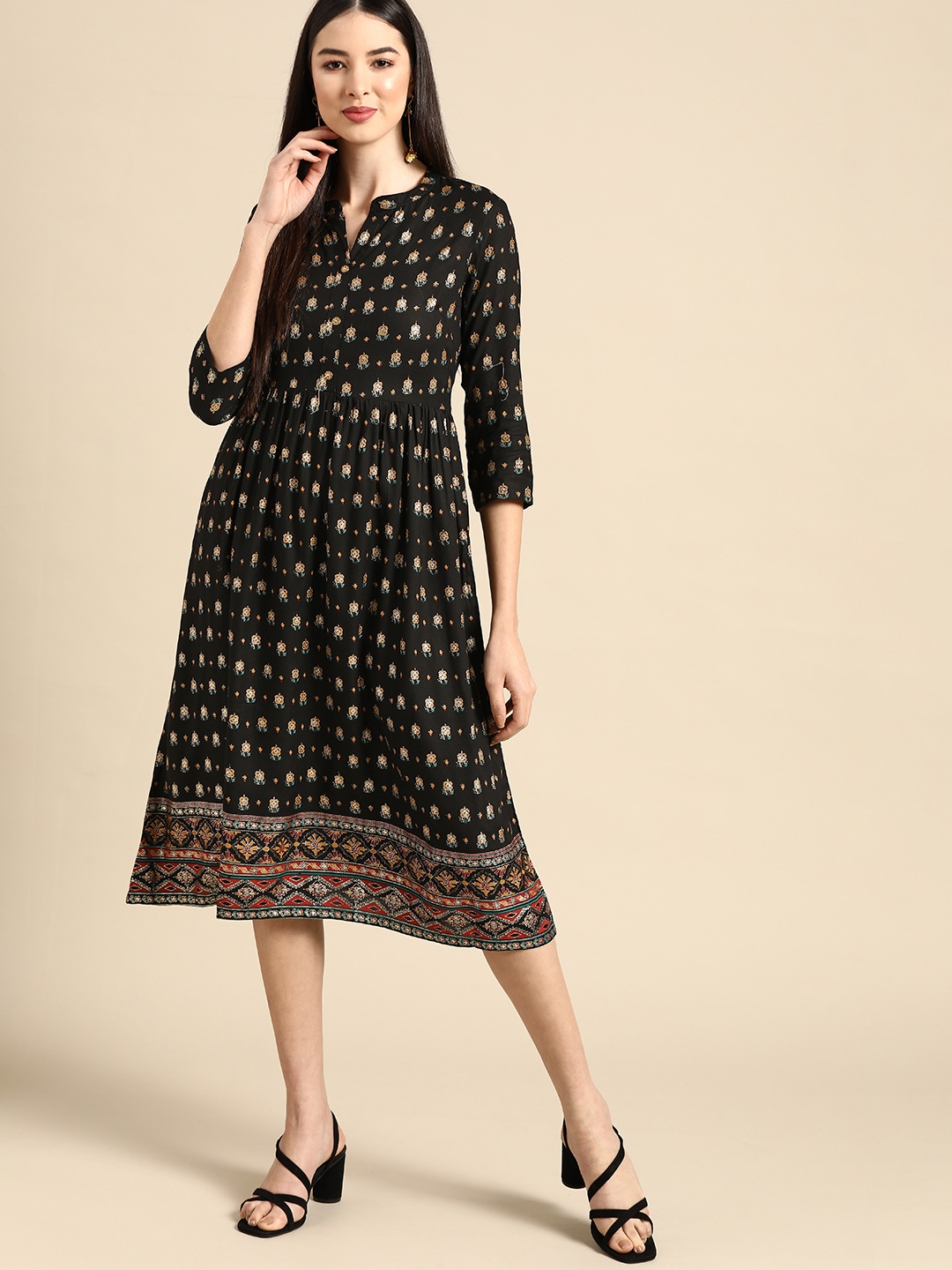 

Anouk Black & Golden Ethnic Print A-Line Midi Dress