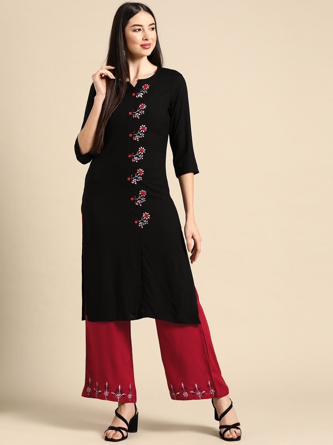 

Anouk Women Black & Maroon Mirror Work Embroidered Kurta with Palazzos