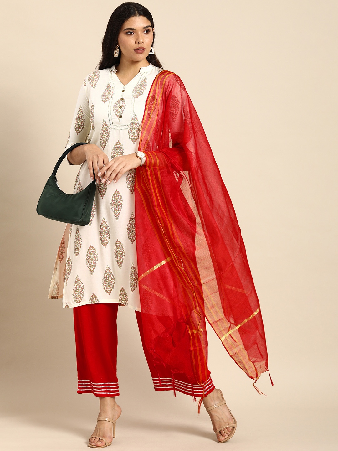 

Anouk Women White Ethnic Motifs Printed Regular Kurta with Palazzos & Dupatta