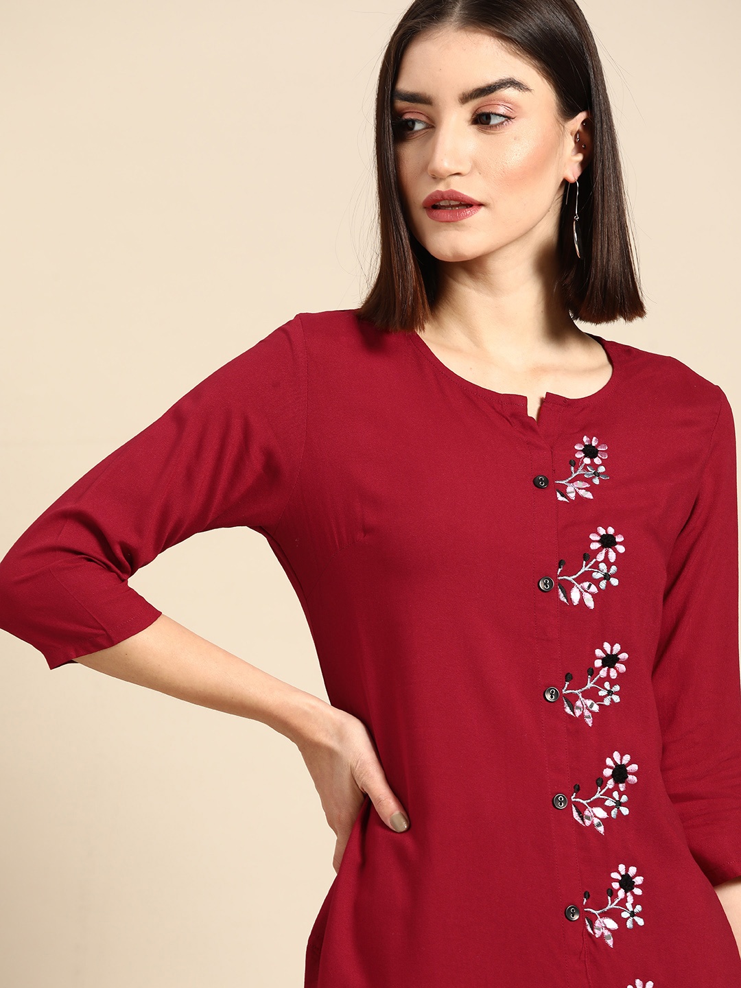 

Anouk Women Maroon Floral Embroidered Kurta with Palazzos