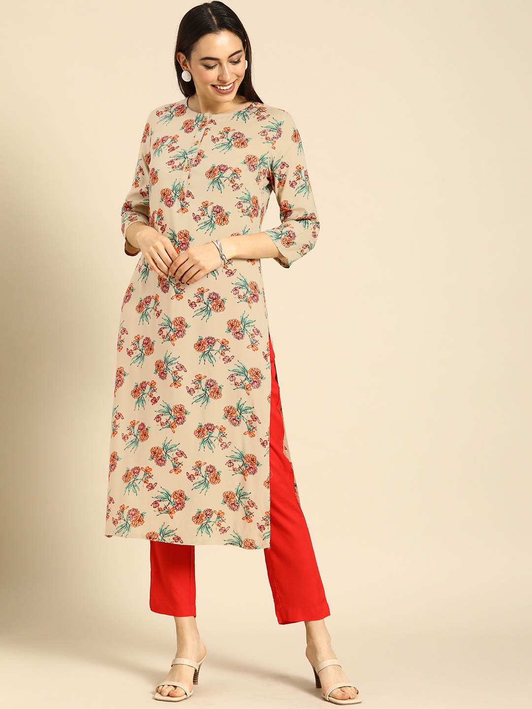

Anouk Women Beige & Red Floral Printed Kurta