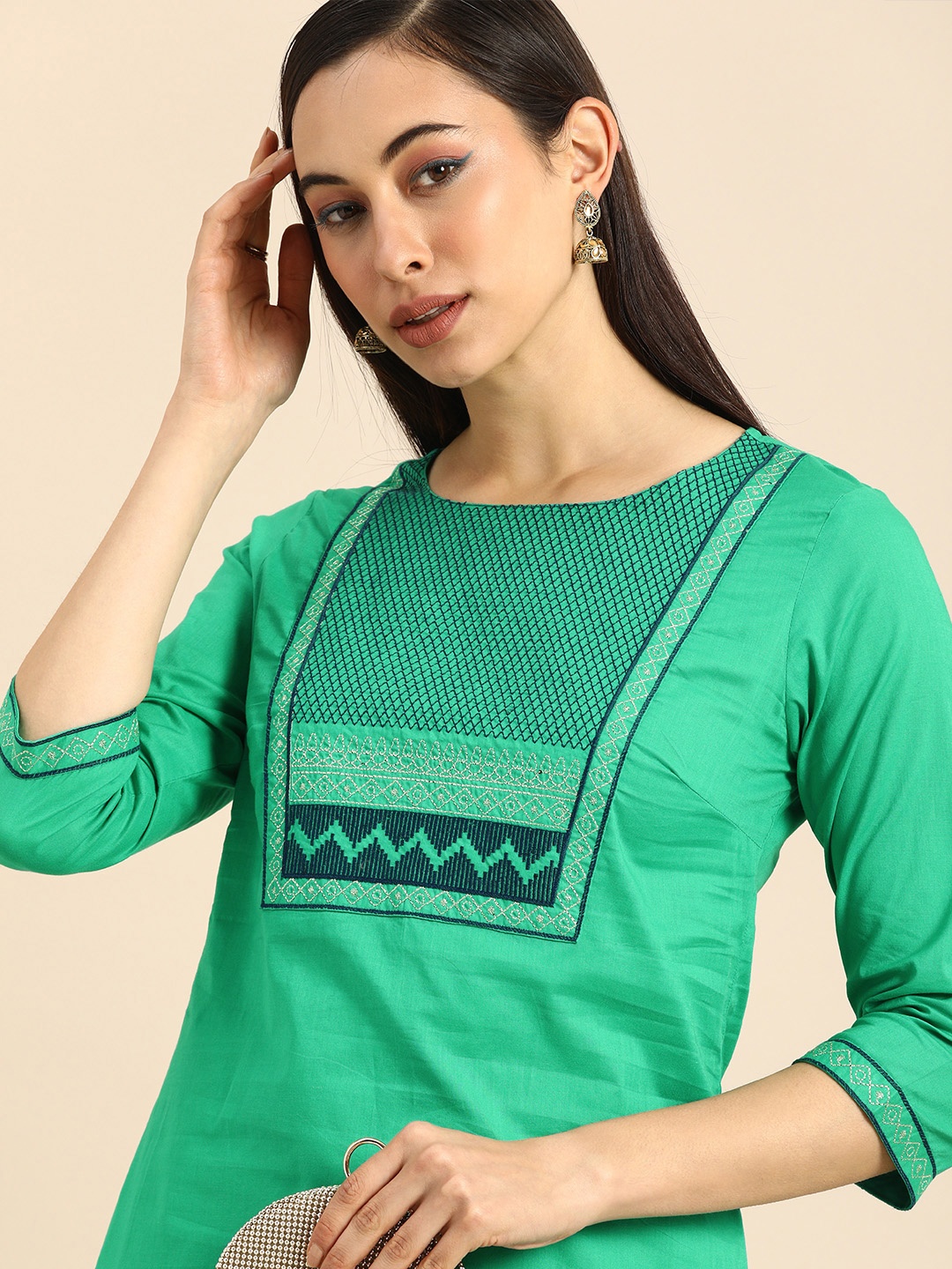 

Anouk Women Teal Green Thread Work Yoke Design Kurta