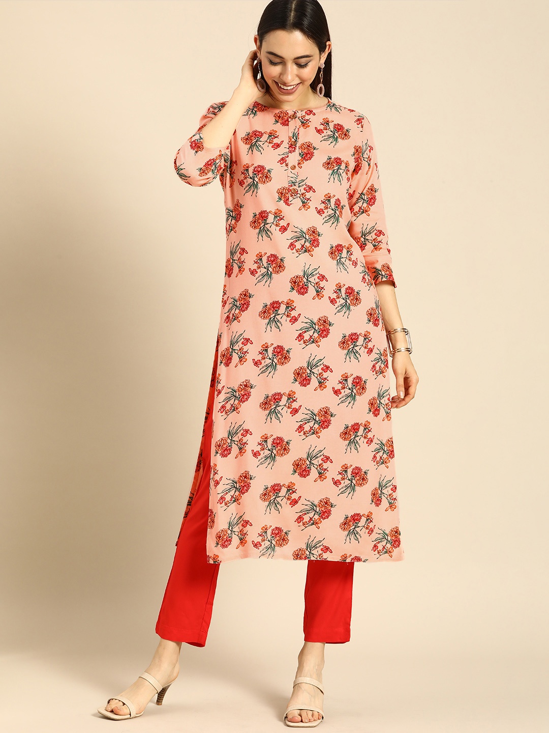 

Anouk Women Pink & Green Floral Printed Kurta