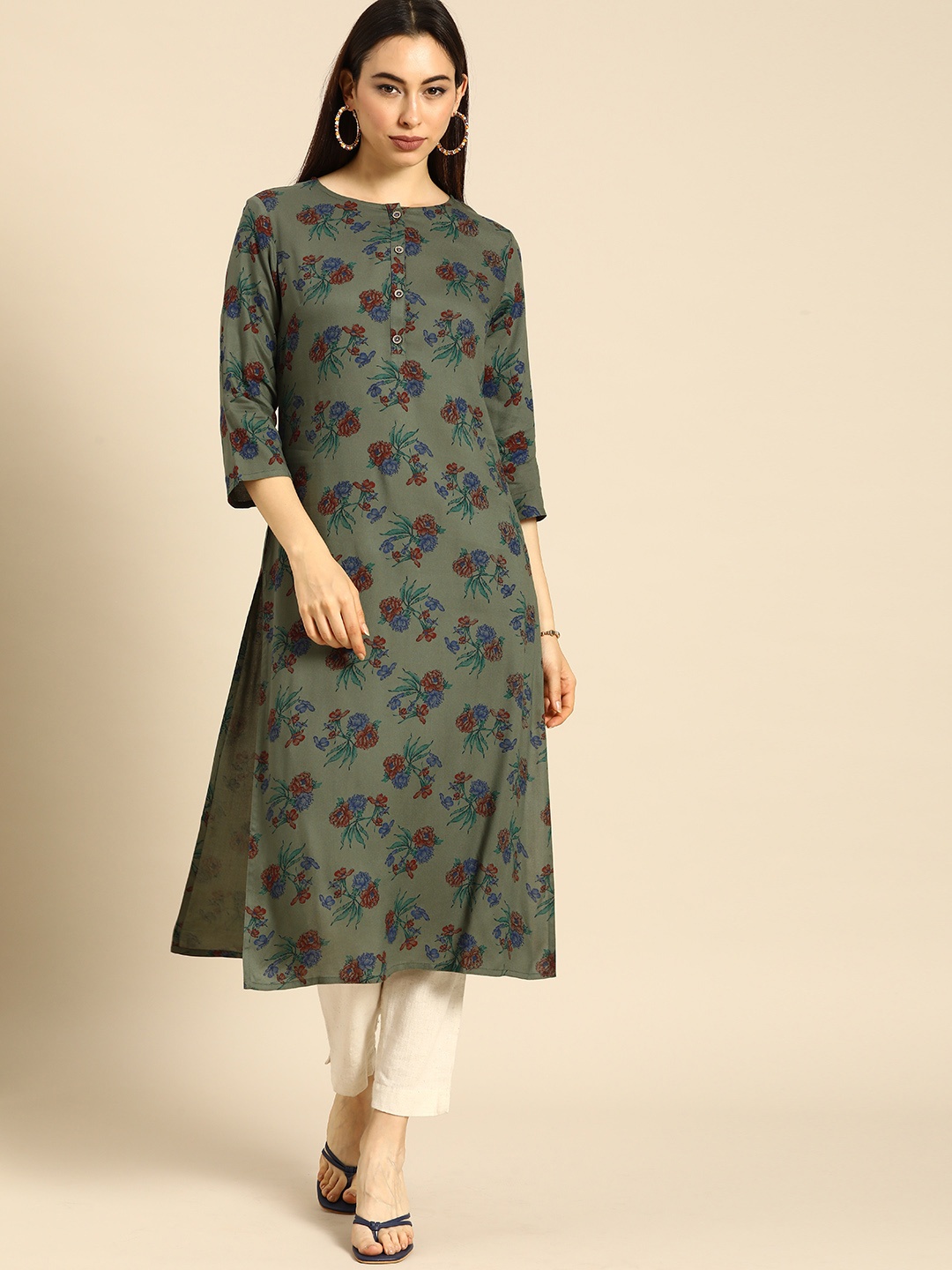 

Anouk Women Olive Green & Maroon Floral Printed Kurta