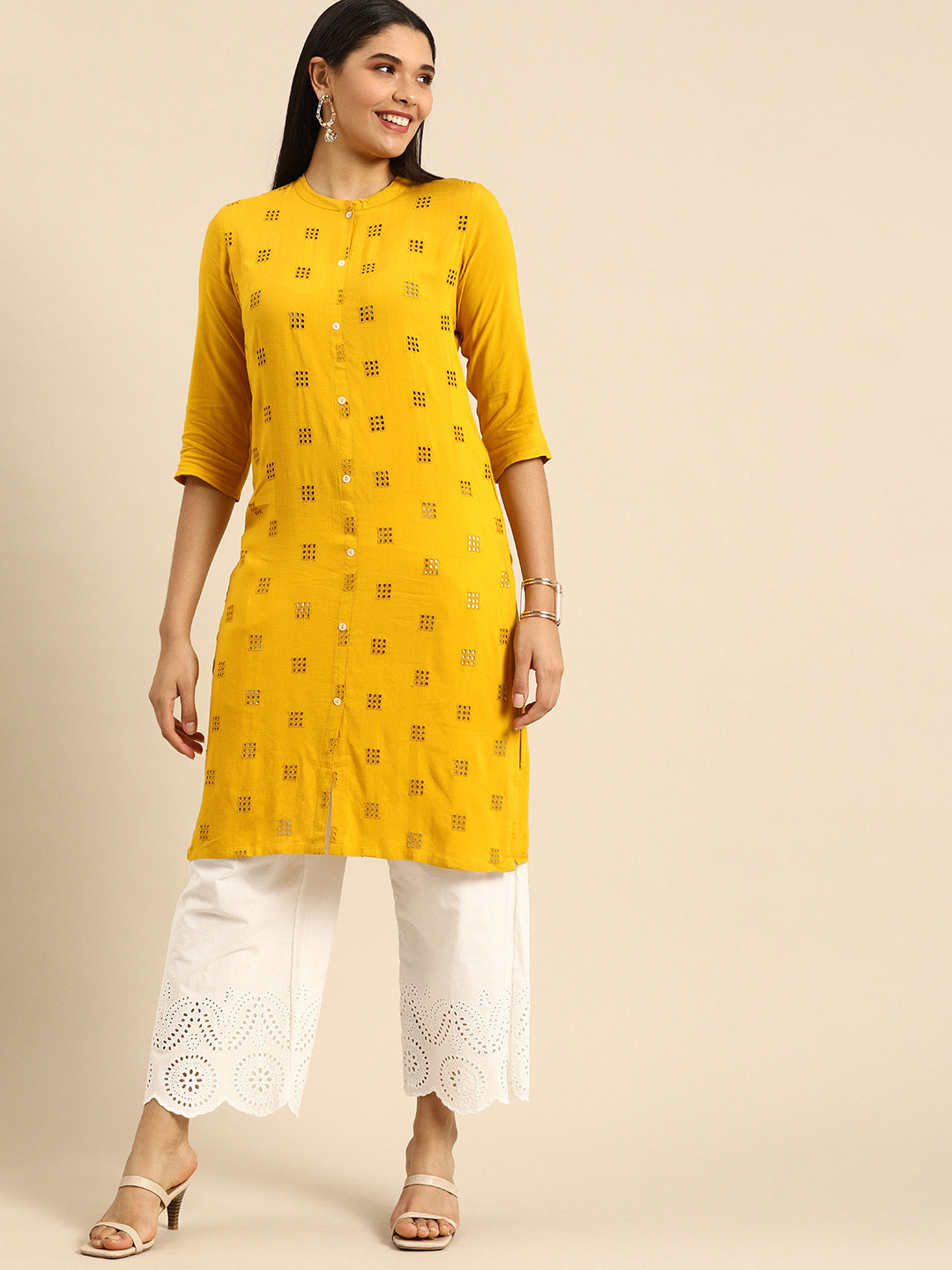 

Anouk Women Mustard Yellow Woven Design Straight Kurta