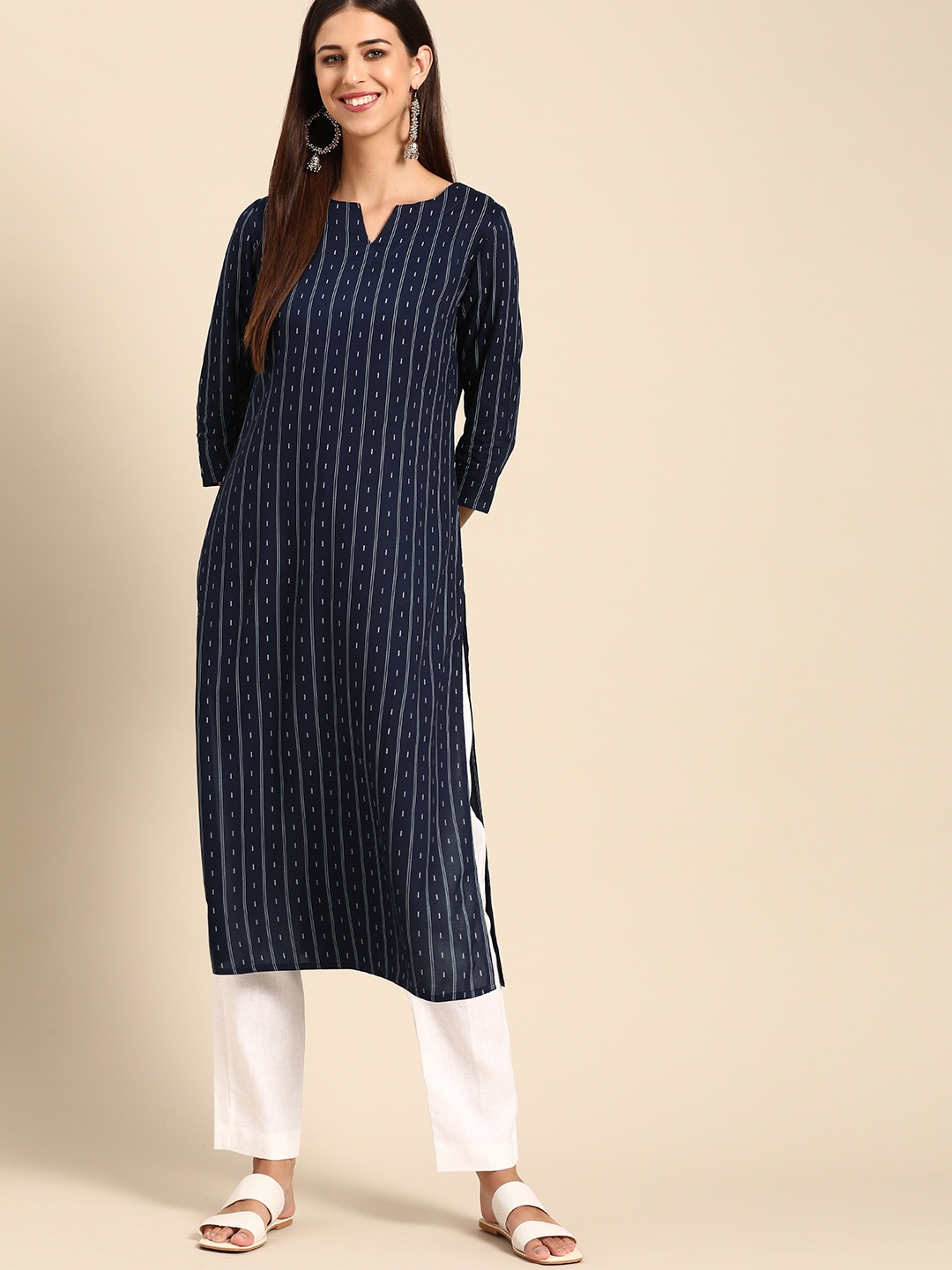 

Anouk Women Navy Blue & White Striped Straight Kurta