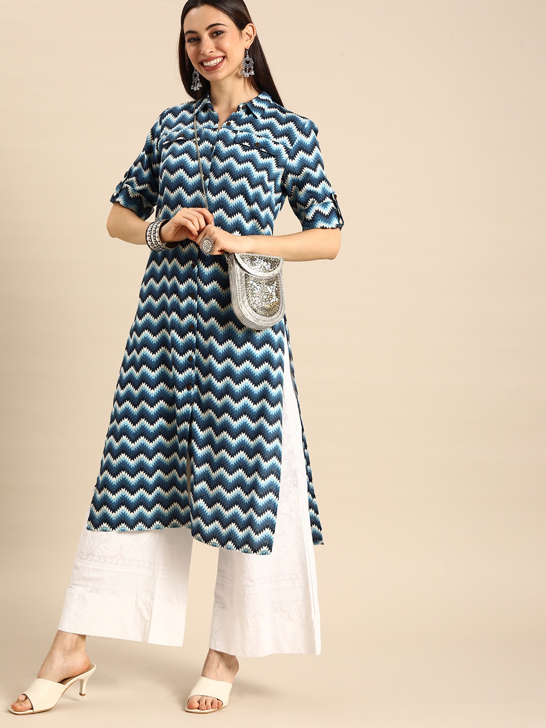 

Anouk Women Navy Blue & White Chevron Printed Kurta