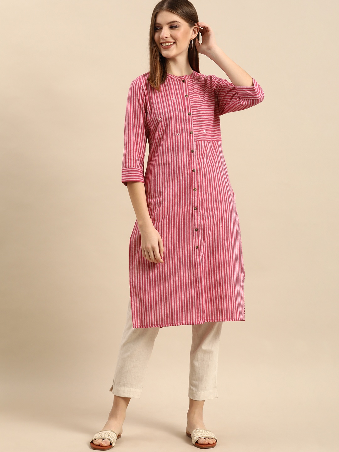 

Anouk Women Pink & White Striped Kurta