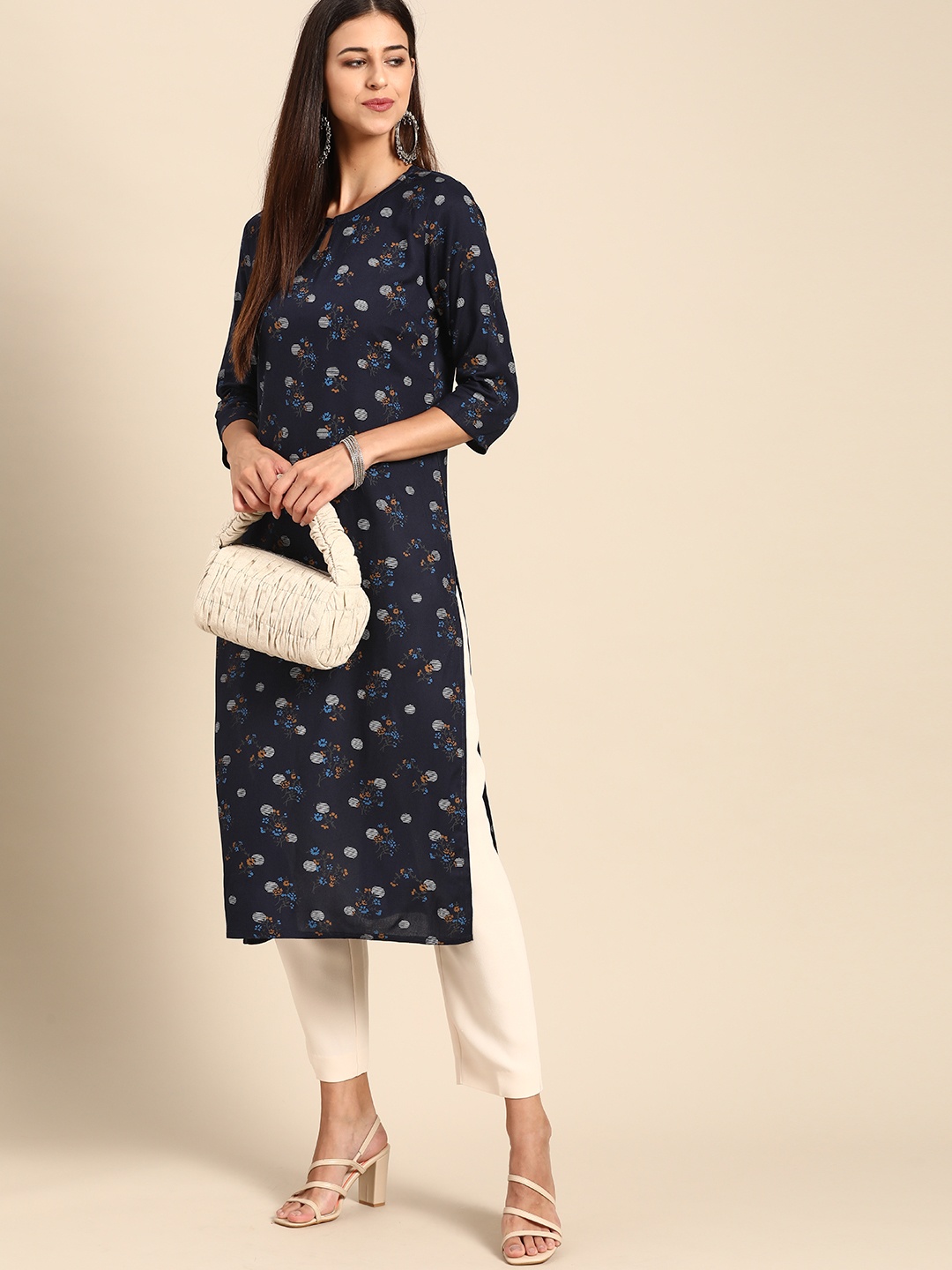 

Anouk Women Navy Blue & Yellow Ethnic Motifs Printed Keyhole Neck Kurta