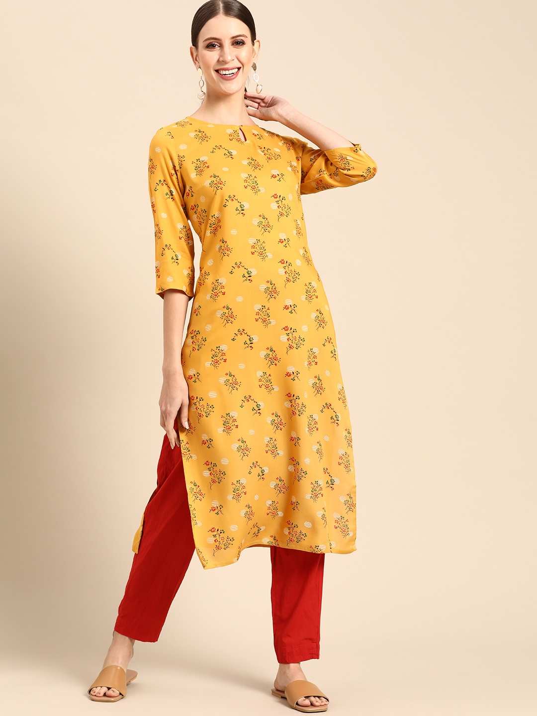 

Anouk Women Yellow & Green Ethnic Motifs Printed Keyhole Neck Kurta