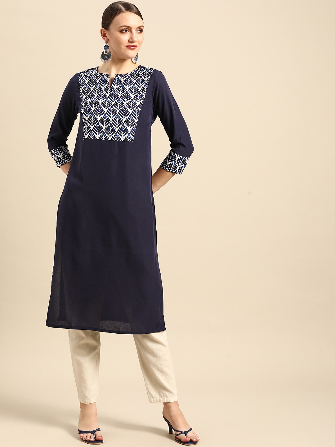 

Anouk Women Navy Blue & White Floral Yoke Design Indigo Kurta