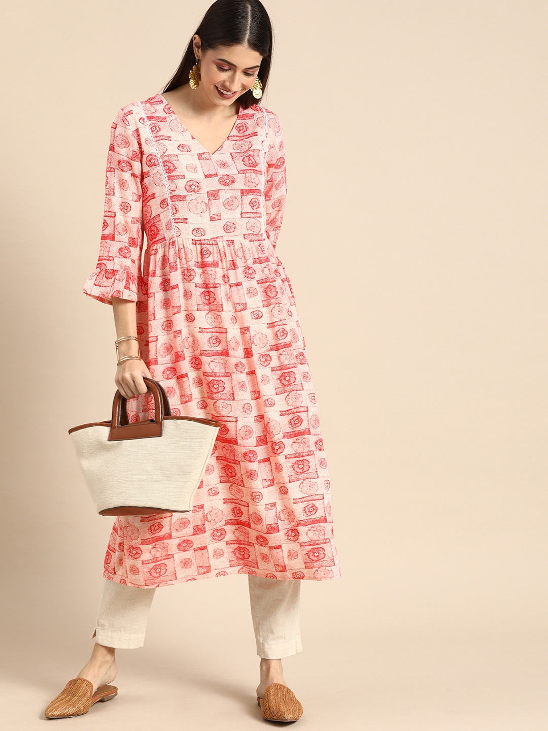 

Anouk Women White & Coral Floral Printed Bell Sleeves Block Print Anarkali Kurta
