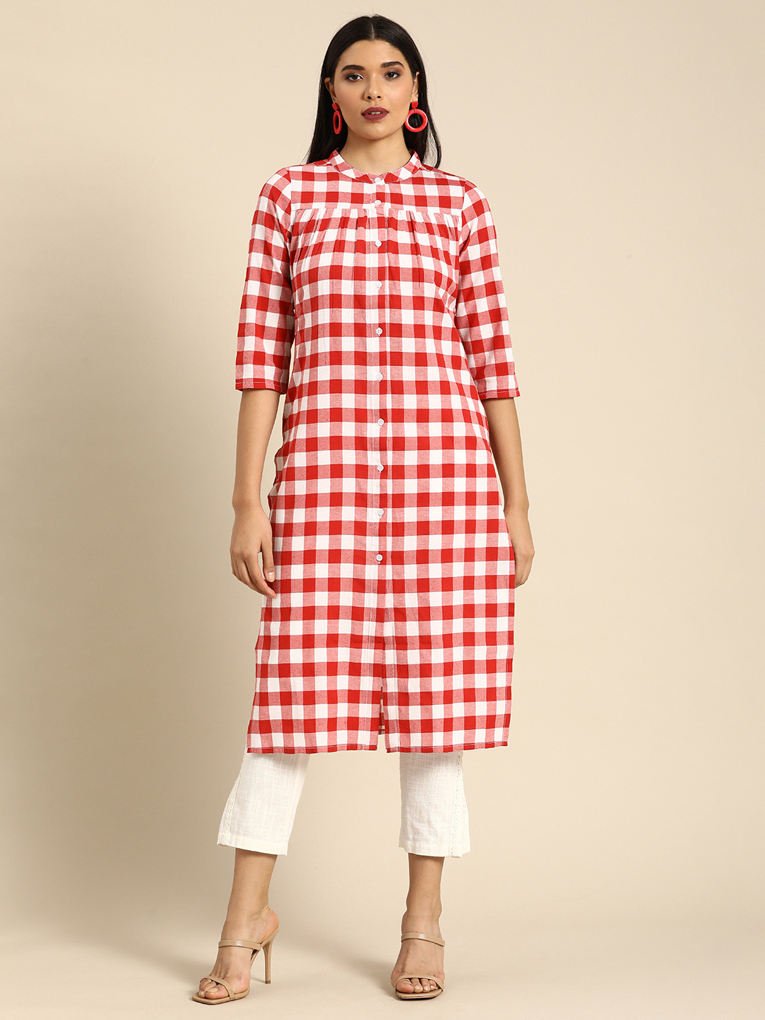 

Anouk Women Red & White Checked Kurta