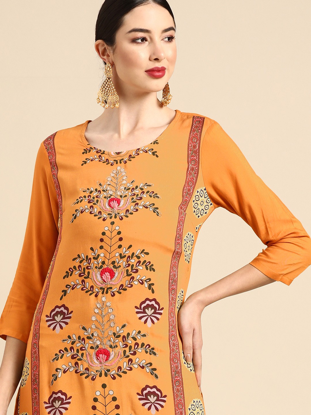 

Anouk Women Mustard Yellow & Burgundy Ethnic Motifs Printed Thread Work Kurta