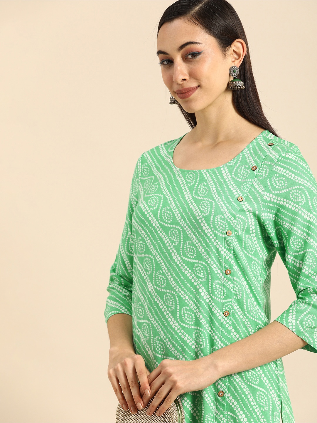 

Anouk Women Sea Green & White Bandhani Printed Kurta