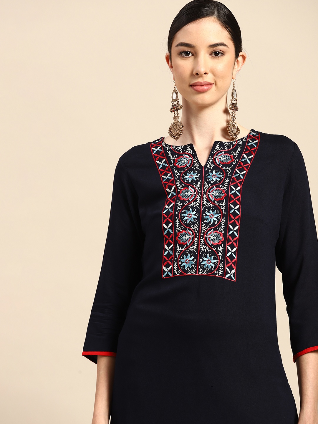 

Anouk Women Navy Blue & Red Floral Embroidered Kurta