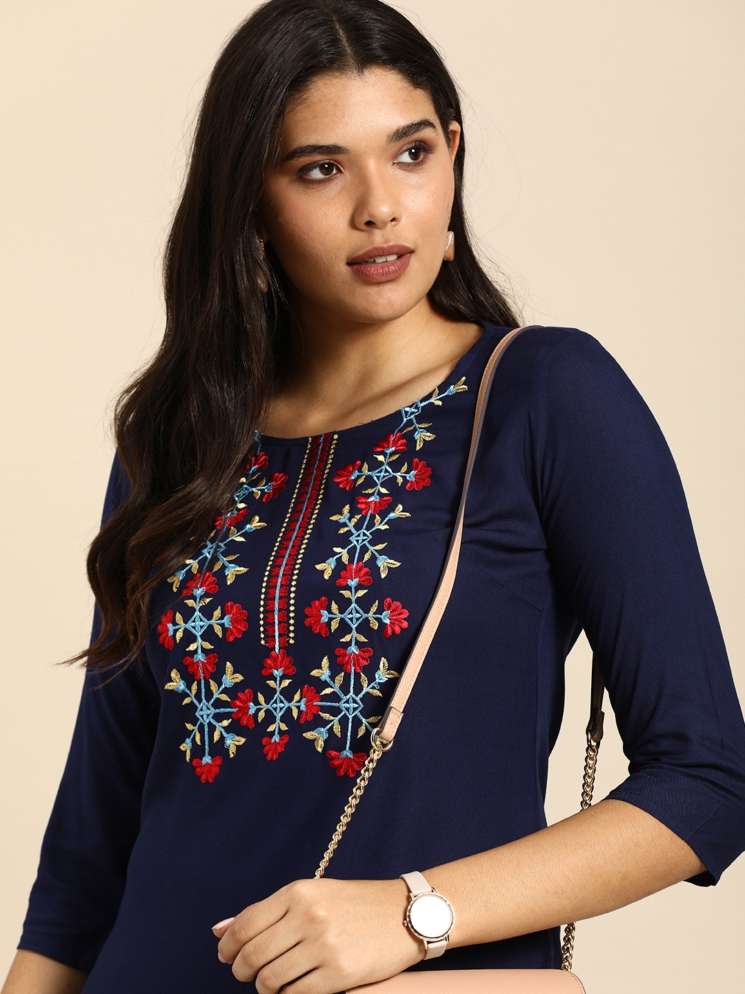 

Anouk Women Navy Blue Floral Yoke Design Thread Work Straight Kurta